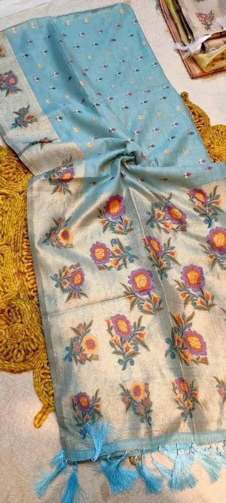 Saree Linen Khadi Sky Blue Casual Durga Pujo S10972 - Linen Saree in Blue, Free Size