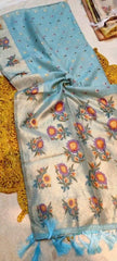 Saree Linen Khadi Sky Blue Casual Durga Pujo S10972 - Linen Saree in Blue, Free Size