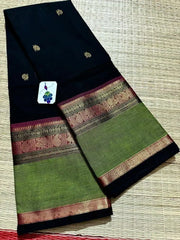 Black Cotton Saree - Saree Cotton Kanchipuram Handloom Pujo Edit Festive Diwali Black S11105