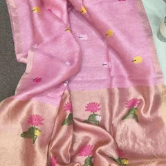 Pink Tissue Saree - Saree Pure Handloom Tissue Linen Jamdani Pink Festive Diwali Pujo Edit S11117