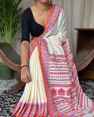 Assam Cotton Saree Ð Offwhite Handloom Casual Everyday Wear, S10856 - Saree - Aakritee - S10856