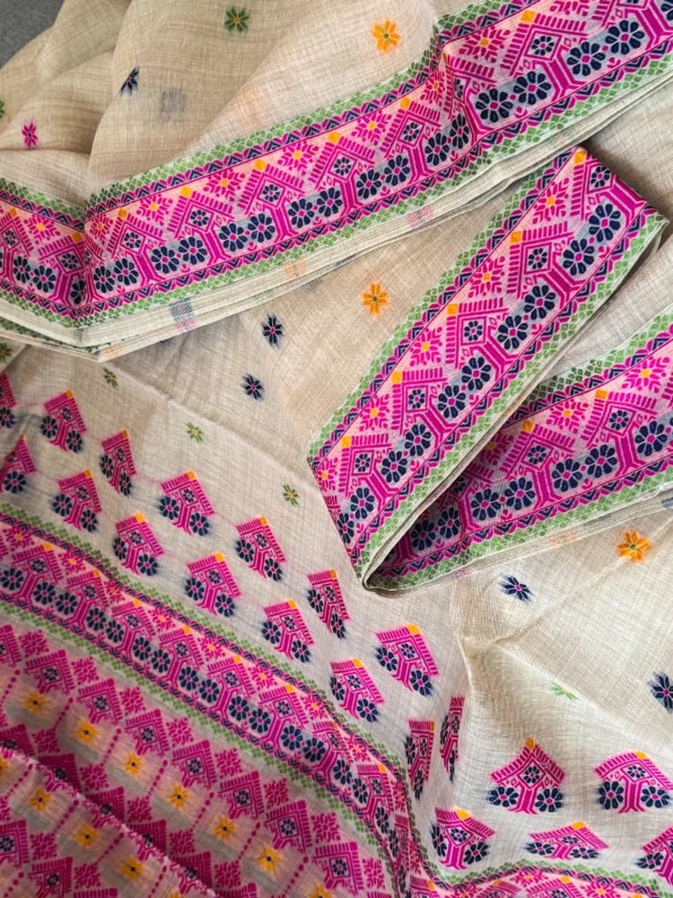 Beige Assam Silk Cotton Saree - Saree Assam Silk Cotton Beige Festive Pujo Edit Diwali S11247 - Saree - Aakritee - S11247