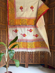 Beige Bengal Handloom Cotton Applique Saree - Saree Bengal Handloom Cotton Applique Handblock Beige Pujo Edit Festive S11210 - Saree - Aakritee - S11210