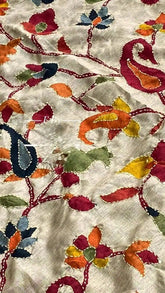 Beige Fabric Saree - Semi Tussar Kalamkari Print Hand Kantha Designer Festive Trendy Casual Beige S11076 - Saree - Aakritee - S11076