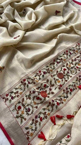 Beige Handloom Saree - Pure Handloom Silk Linen Boolean Hand Embroidery Festive Ethnic Beige S11065 - Saree - Aakritee - S11065