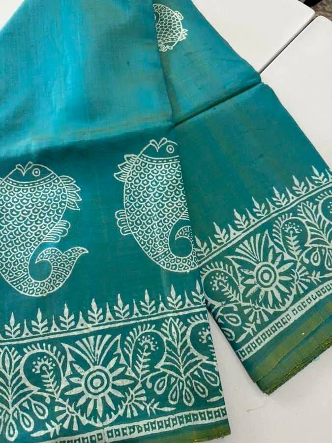 Bishnupuri 3 - Ply Silk Hand Block Dual Shade Saree, S10865 - Saree - Aakritee - S10865