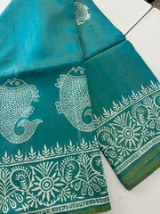 Bishnupuri 3 - Ply Silk Hand Block Dual Shade Saree, S10865 - Saree - Aakritee - S10865