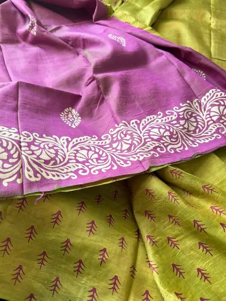 Bishnupuri Silk Half & Half Saree, Olive & Purple Elegance - Saree - Aakritee - S10757