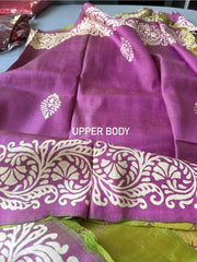 Bishnupuri Silk Half & Half Saree, Olive & Purple Elegance - Saree - Aakritee - S10757
