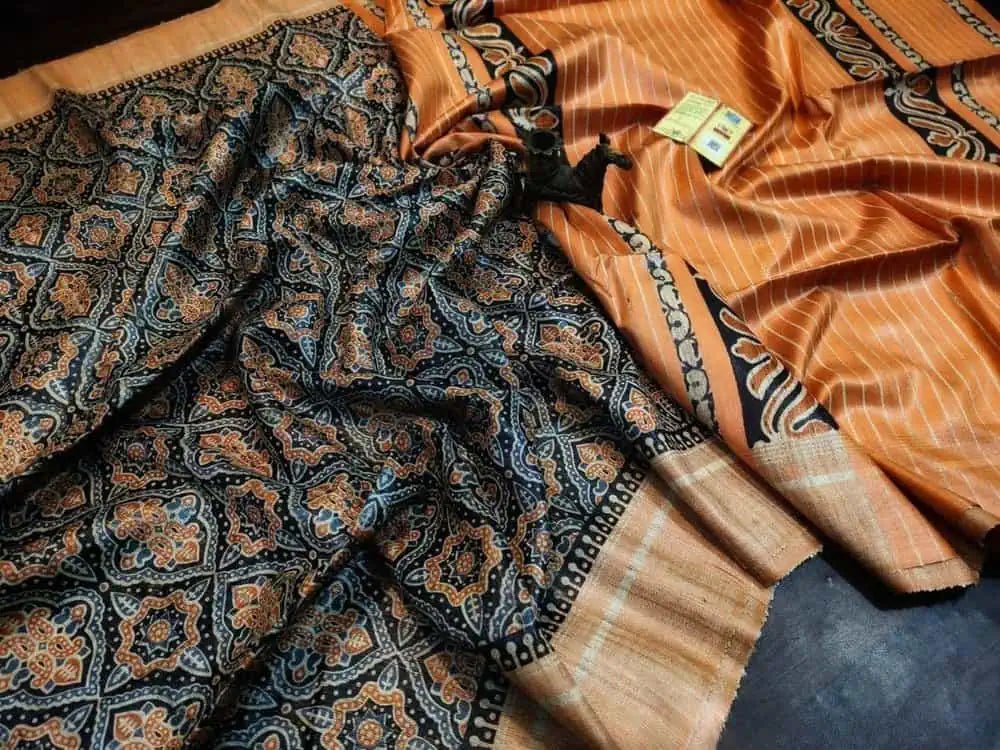 Black Ghicha Tussar Block Print Saree Festive - S10366 - Saree - Aakritee - S10366