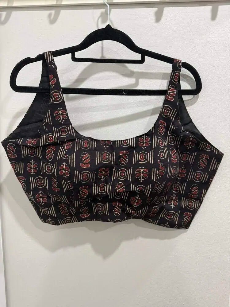 Blouse Cotton Sleeveless Ajrakh Print Black Casual Festive Bl0124 Blouse - Blouse - Aakritee - BL0124