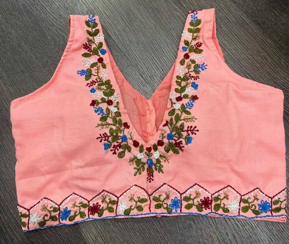 Blouse Cotton Sleeveless Embroidery Festive Durga Pujo Diwali Salmon Bl0137 Blouse - Blouse - Aakritee - BL0137