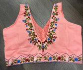 Blouse Cotton Sleeveless Embroidery Festive Durga Pujo Diwali Salmon Bl0137 Blouse - Blouse - Aakritee - BL0137