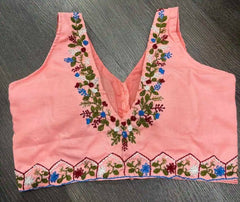 Blouse Cotton Sleeveless Embroidery Festive Durga Pujo Diwali Salmon Bl0137 Blouse - Blouse - Aakritee - BL0137