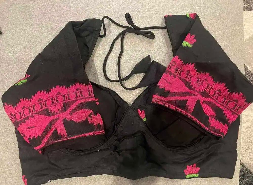 Blouse Cotton With Sleeve Jamdani Traditional Festive Durga Pujo Black Bl0160 Blouse - Blouse - Aakritee - BL0160