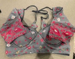 Blouse Cotton With Sleeve Jamdani Traditional Festive Durga Pujo Silver Bl0159 Blouse - Blouse - Aakritee - BL0159