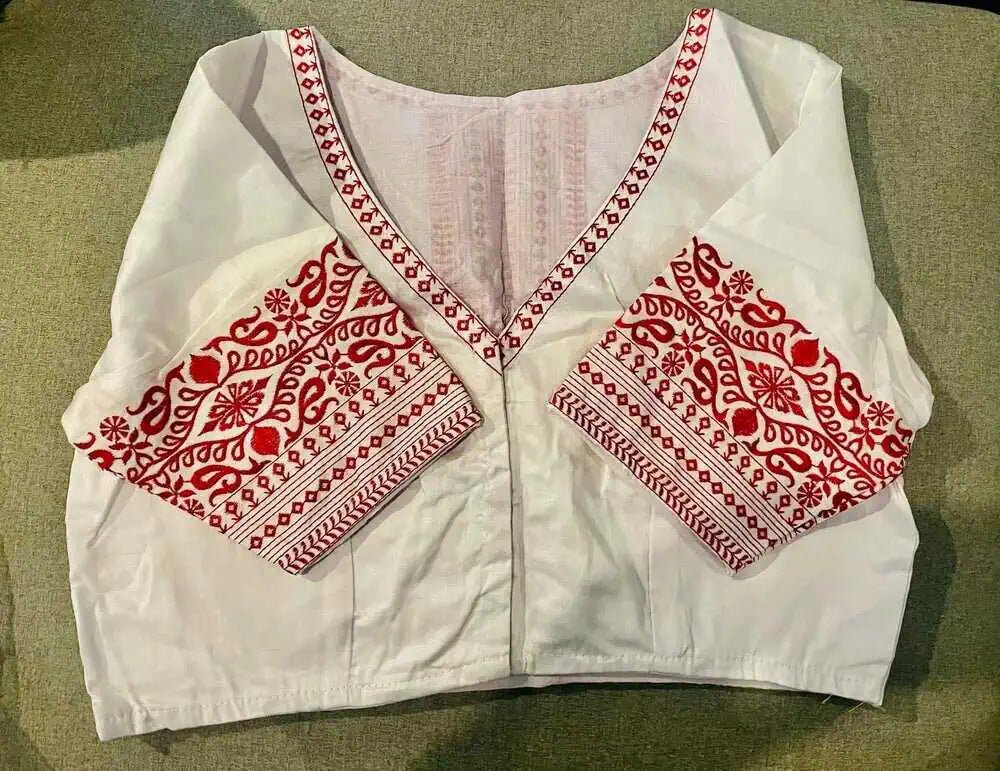 Blouse Silk Cotton Embroidered With Sleeve Festive Durga Pujo White Bl0144 Blouse - Blouse - Aakritee - BL0144