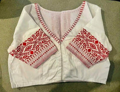 Blouse Silk Cotton Embroidered With Sleeve Festive Durga Pujo White Bl0144 Blouse - Blouse - Aakritee - BL0144