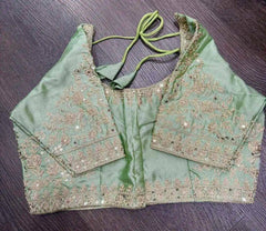 Blouse Silk+With Sleeve Gotapatti Embroidery+Festive Traditional Durga Pujo Diwali Dark Sea Green Bl0142 Blouse - Blouse - Aakritee - BL0143