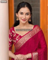 Dark Red Chinnon Silk Saree, Festive Party Wear Elegance - Saree - Aakritee - S10676