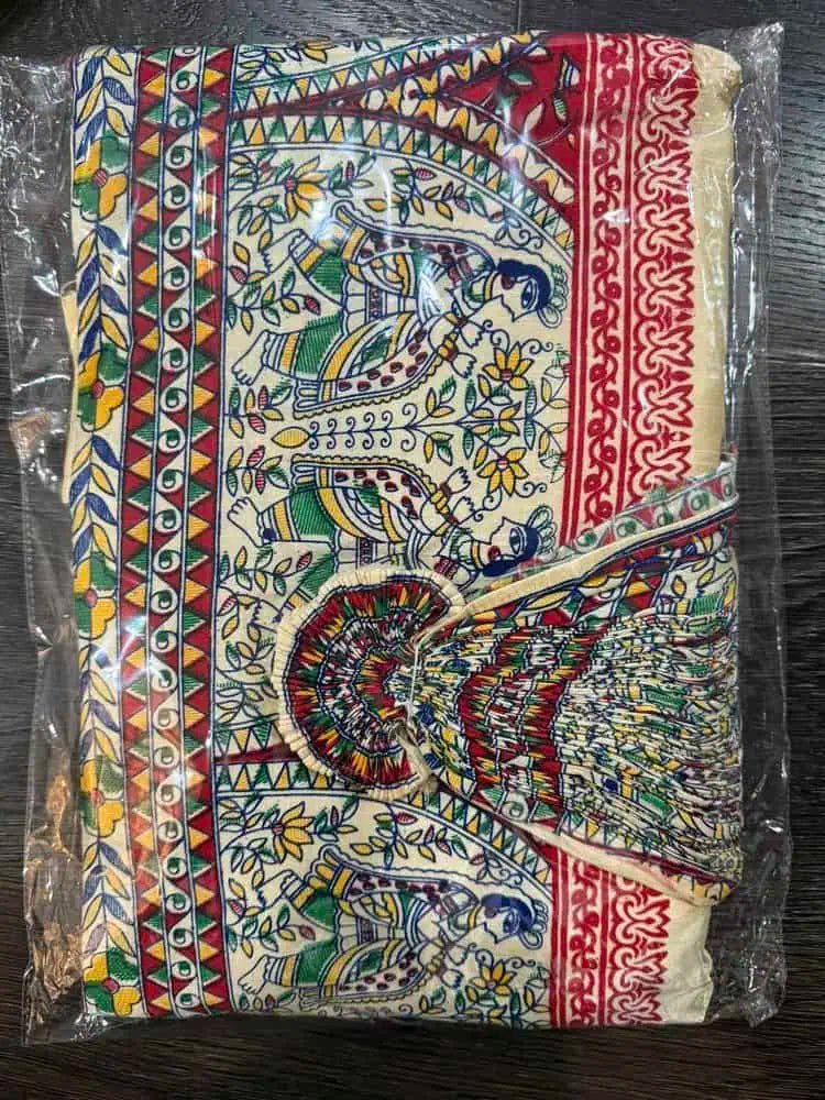 Dhoti Raw Silk Beige Body Multicolour Border Madhubani Festive Ready To Wear Durga Pujo D0025 - Dhoti - Aakritee - D0025