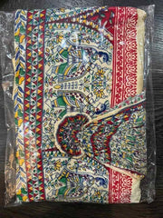 Dhoti Raw Silk Beige Body Multicolour Border Madhubani Festive Ready To Wear Durga Pujo D0025 - Dhoti - Aakritee - D0025