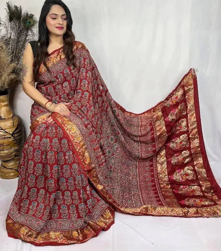 Elegant Dola Silk Ajrakh Saree Ð Maroon with Zari Border - Saree - Aakritee - S10766