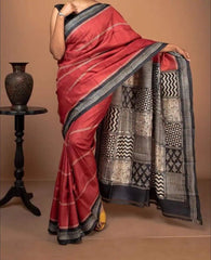 Firebrick Tussar Saree - Saree Pure Desi Tussar Hand Block Print Festive Diwali Pujo Edit Firebrick S11119 - Saree - Aakritee - S11119