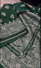 Green Silk Saree - Mushroo Silk Banarasi Festive Traditional Wedding Forest Green S11071 - Saree - Aakritee - S11071