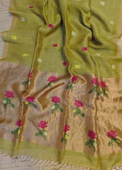 Green Tissue Saree - Saree Pure Handloom Tissue Linen Jamdani Green Festive Diwali Pujo Edit S11137 - Saree - Aakritee - S11137