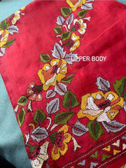 Hand Kantha Bishnupuri Silk Saree, Exclusive Red & Cream - Saree - Aakritee - S10756