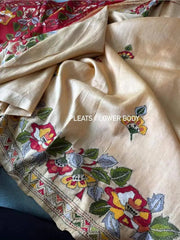 Hand Kantha Bishnupuri Silk Saree, Exclusive Red & Cream - Saree - Aakritee - S10756