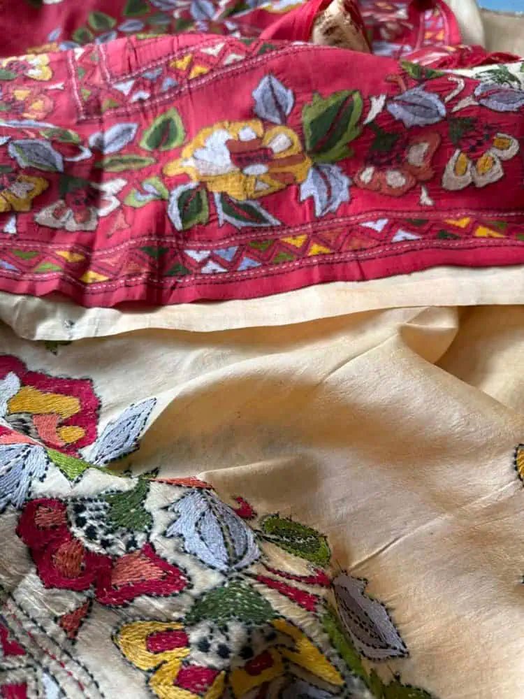 Hand Kantha Bishnupuri Silk Saree, Exclusive Red & Cream - Saree - Aakritee - S10756