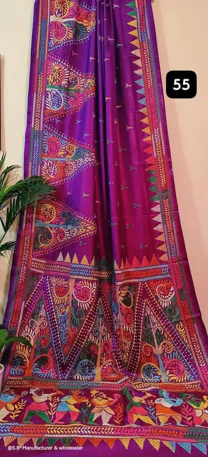Hand Kantha Magenta Saree, Festive Bangalore Silk - Saree - Aakritee - S10513