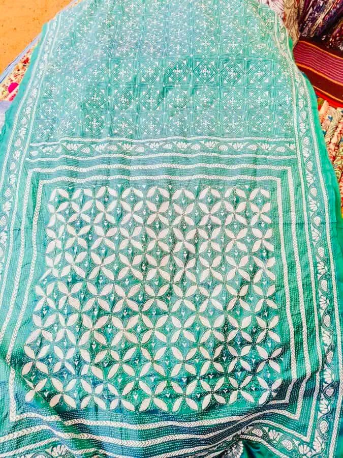 Hand Kantha Pastel Green Saree, Festive Bangalore Silk - Saree - Aakritee - S10515