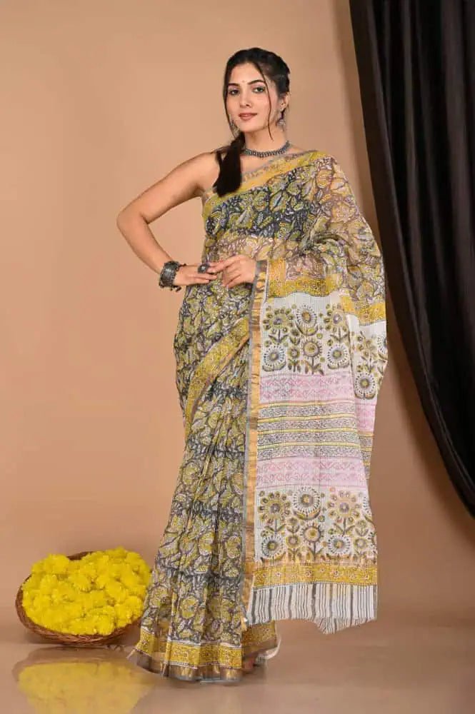 Handcrafted Kota Doriya Saree Ð Lightweight Yellow & Blue Casual Wear - Saree - Aakritee - S10792