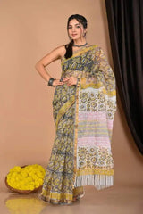 Handcrafted Kota Doriya Saree Ð Lightweight Yellow & Blue Casual Wear - Saree - Aakritee - S10792