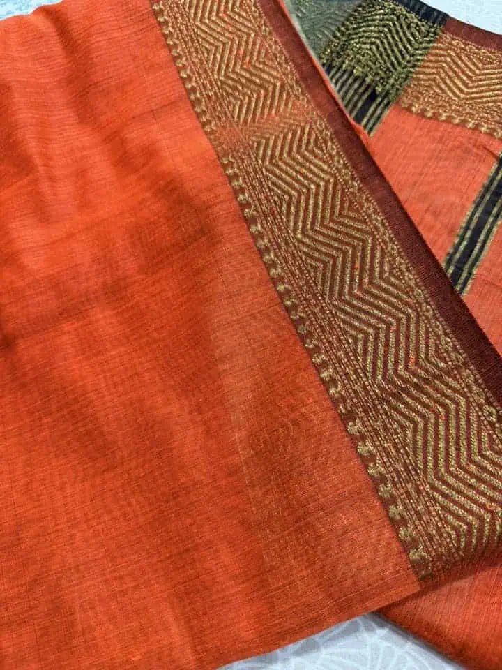 Handloom Cotton Silk Orange Saree for Casual Wear - Saree - Aakritee - S10697