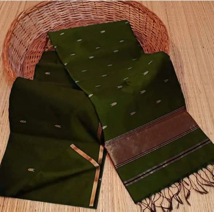 Handloom Cotton Silk Saree - Olive Casual Everyday Wear - Saree - Aakritee - S10690