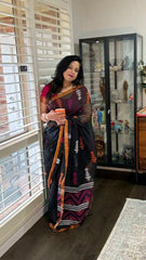 Handloom Linen Saree: Casual Wear, Black S10466 - Saree - Aakritee - S10466