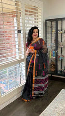 Handloom Linen Saree: Casual Wear, Black S10466 - Saree - Aakritee - S10466