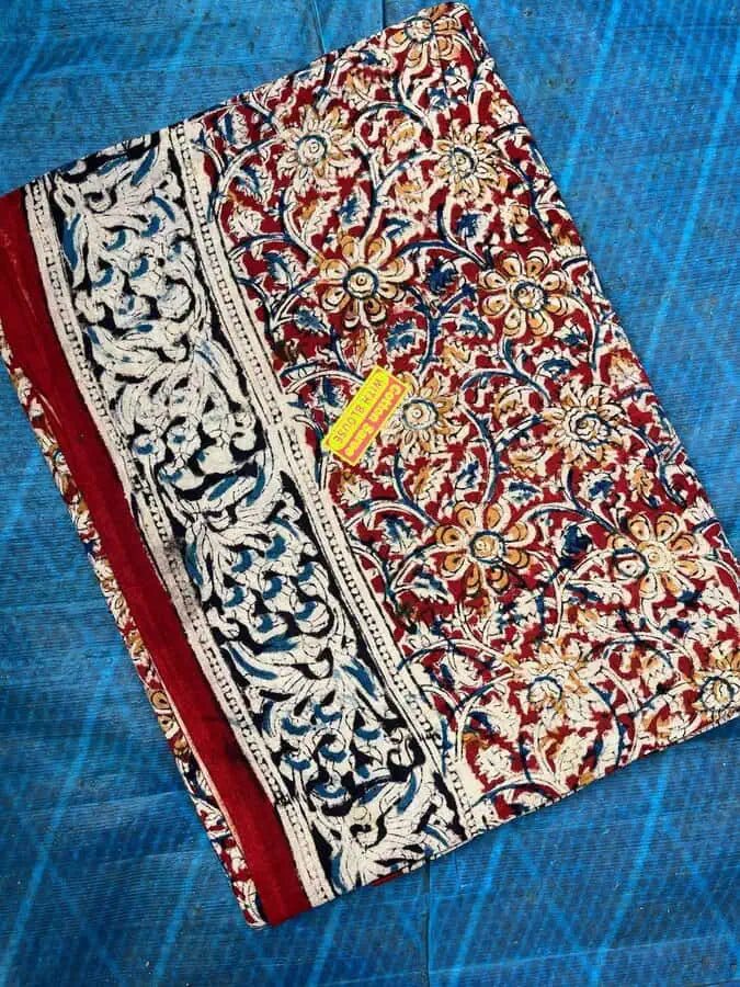 Kalamkari Cotton Saree – Maroon Block Print Summer Casual Wear, S10851 - Saree - Aakritee - S10851