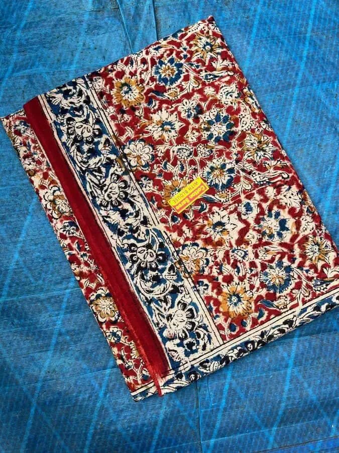 Kalamkari Cotton Saree – Maroon Block Print Summer Casual Wear, S10852 - Saree - Aakritee - S10852