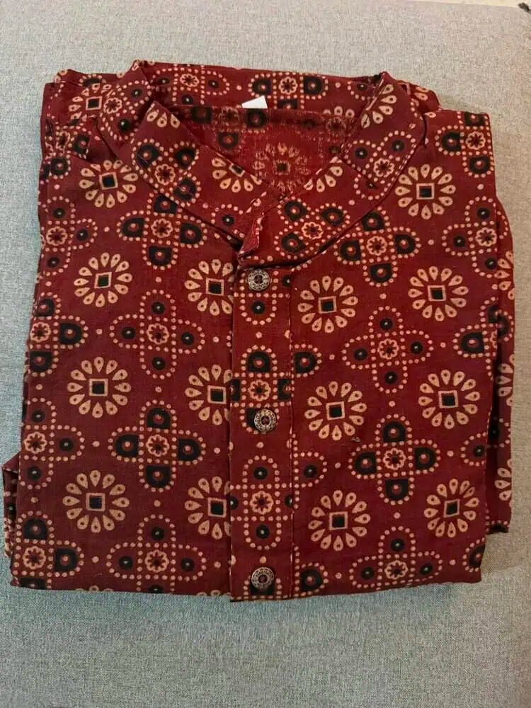 Kurta Cotton Ajrakh Block Print Maroon Casual Durga Pujo Diwali Pk00240 - Kurta - Punjabi - Aakritee - PK00240