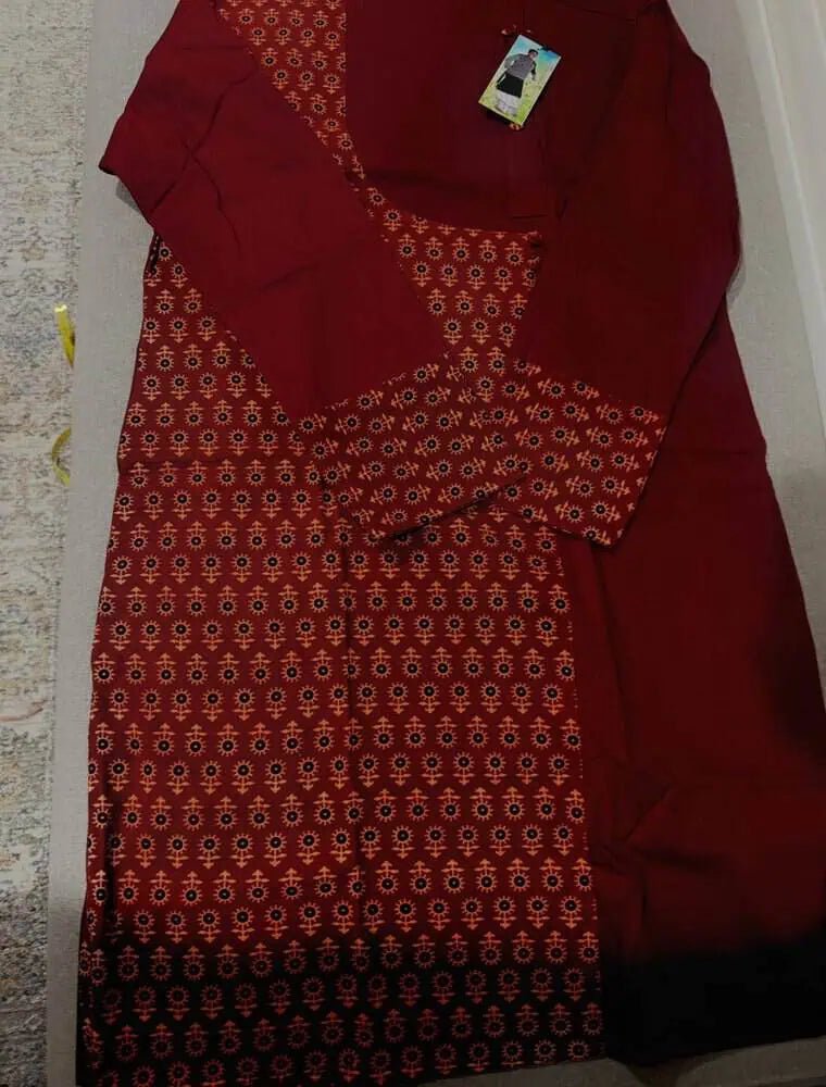 Kurta Cotton Ajrakh Patchwork Maroon Casual Durga Pujo Diwali Pk00242 - Kurta - Punjabi - Aakritee - PK00242