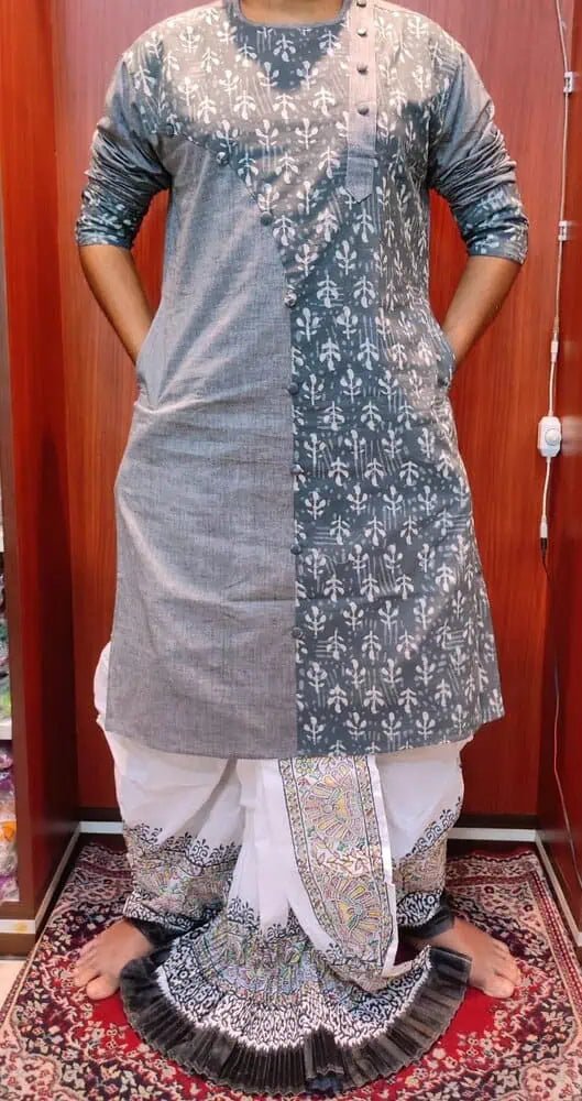 Kurta Punjabi Cotton Ajrakh Patchwork Gray Festive Pk00218 - Kurta - Punjabi - Aakritee - PK00218