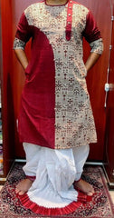 Kurta Punjabi Cotton Ajrakh Patchwork Maroon Festive Pk00222 - Kurta - Punjabi - Aakritee - PK00222