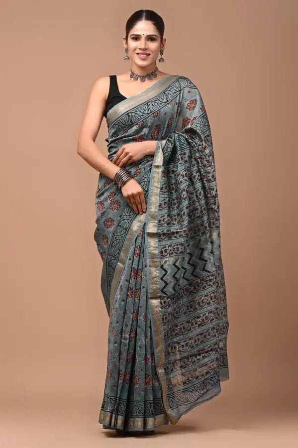 Maheshwari Cotton Silk Saree – Slate Grey Block Print Casual Wear, S10843 - Saree - Aakritee - S10843