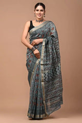 Maheshwari Cotton Silk Saree – Slate Grey Block Print Casual Wear, S10843 - Saree - Aakritee - S10843