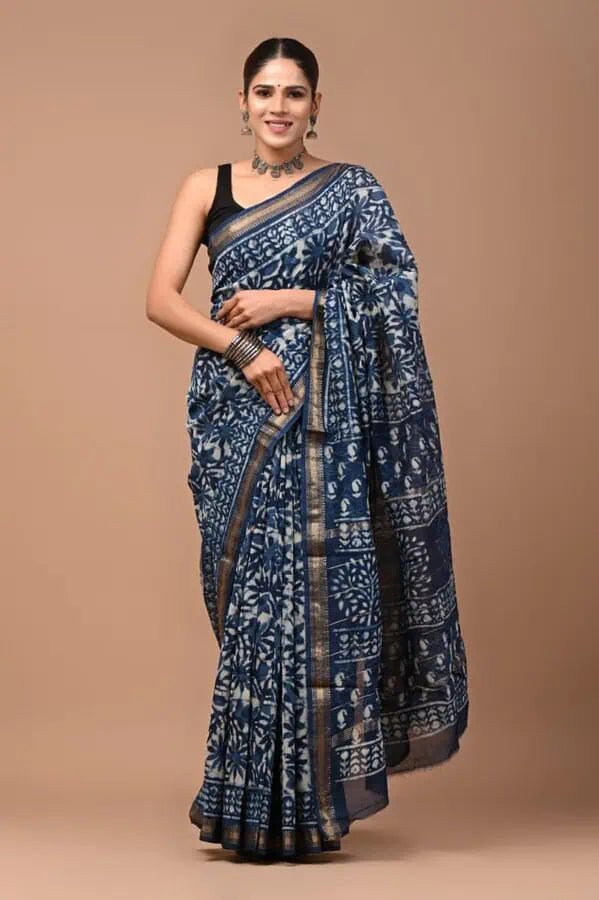 Maheshwari Cotton Silk Saree – Steel Blue Block Print Casual Wear, S10844 - Saree - Aakritee - S10844